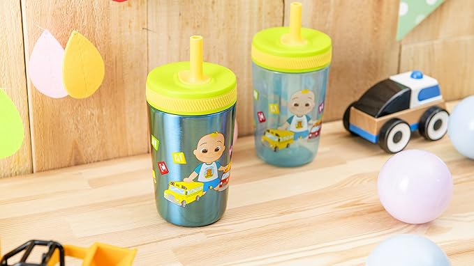 Zak Designs CoComelon Kelso Tumbler Set, Leak-Proof Screw-On Lid with Straw, Bundle for Kids Includes Plastic and Stainless Steel Cups with Bonus Sipper (3pc Set, Non-BPA), 15 fluid ounces