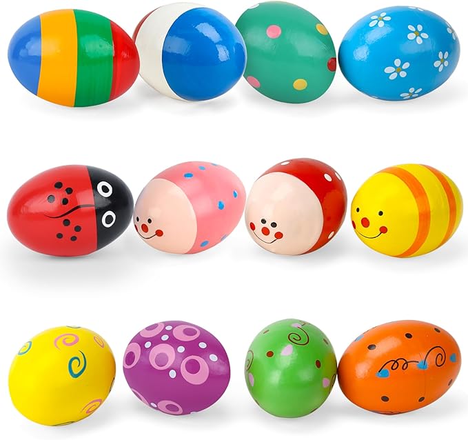 POPLAY 12PCS Wooden Percussion Musical Eggs Maracas Egg Shakers for Party Favors Classroom Prize Supplies Musical Instrument