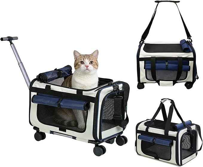 Expandable Pet Carrier with Wheels for Small Dogs and Cats,Airline Approved Rolling Cat Carrier with Removable Platform,18”X11”X14”,Foldable Soft-Sided Travel Bag Fits Under Seat,Up to 16 lbs(Blue)
