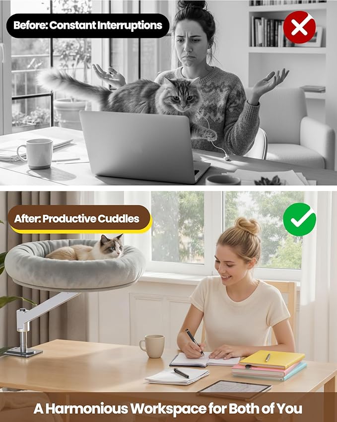 tomxcute Cat Bed for Desk, Adjustable Height Desk Perch with 360° Rotation, Space-Saving Perch for Your Furry Colleague, Removable Washable Office Cat Bed