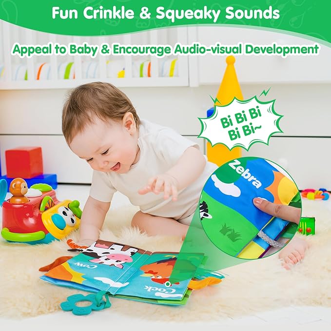 Baby Soft Cloth Crinkle Books Early Education Interactive Stroller Car Seat Sensory Toys with Tails Newborn Development Gifts for 0-6 Months Infants Toddler Baby Boys Girls(Jungle & Farm)