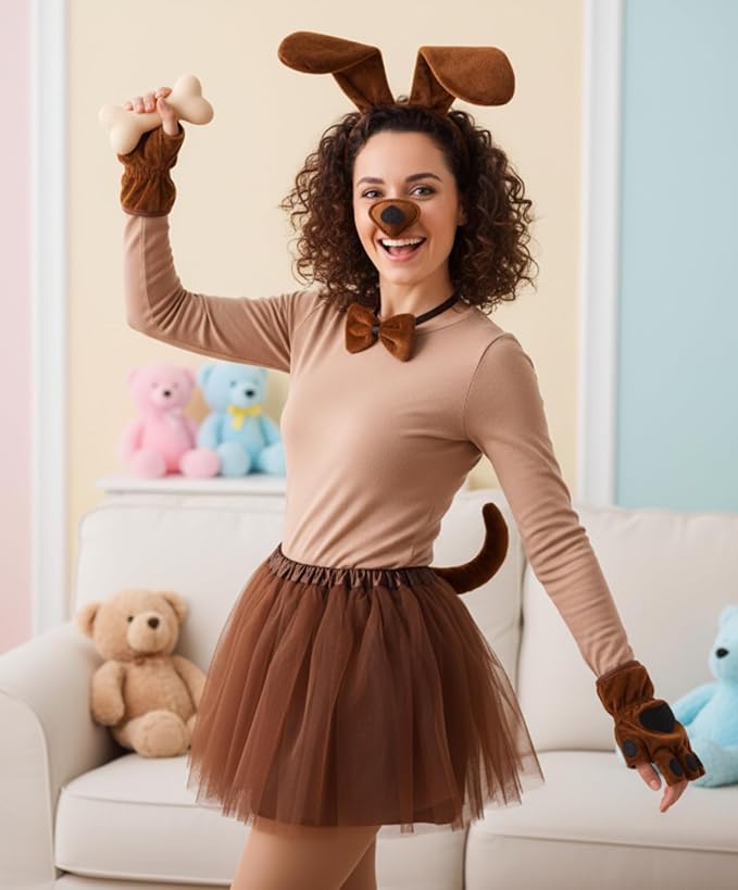 Zhanmai Puppy Dog Tutu Skirt Animal Costume Set Puppy Ears Headband Bow Tie Paw Gloves Tutu Skirt for Carnival Party(Classic Style,Dark Brown)
