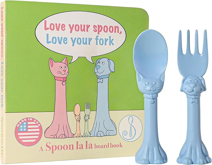 Made in USA Spoon la la Toddler Utensils Set (2 Pack) & Board Book - Spoon & Fork for Kids, Self-Standing 3D Ergonomic Cat & Dog Handles, BPA-free, Dishwasher Safe Baby Silverware (Blue)