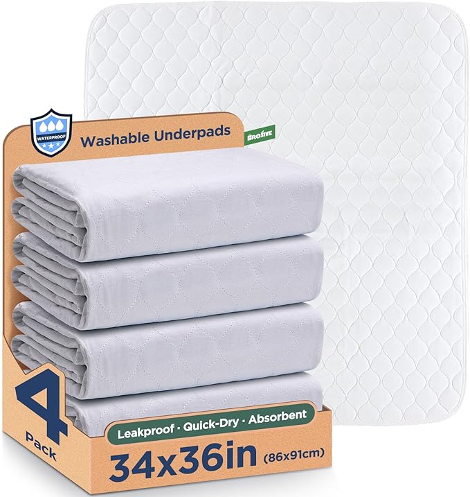 Waterproof Reusable Incontinence Bed Pads Washable Incontinence Underpads 8 Cups Absorbency,Mattress Protector for Adults, Kids and Pets(34”x 36” inch 4 Pack)