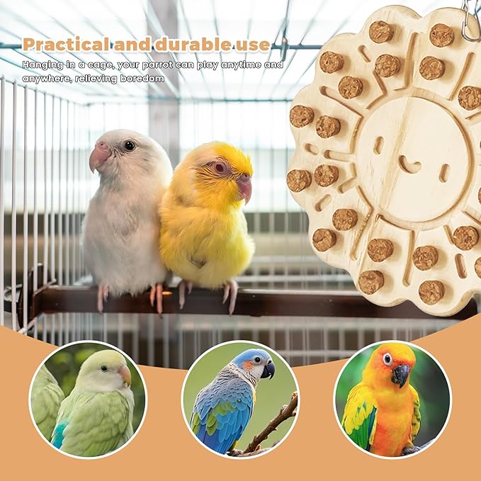 Bird Chew Toy – Wooden Foraging Puzzle Toy with Cork Stoppers, Hanging Bird Cage Toy for Parrots, Conures, Budgies, Cockatiels, Macaws, Finches, and Small to Medium Birds(Pizza)