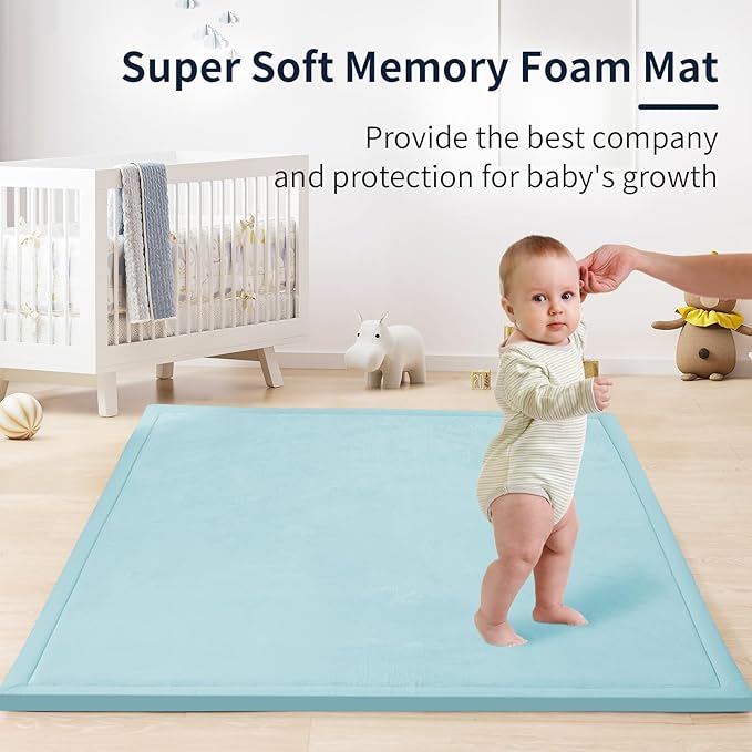 ACOMOPACK Baby Play Mat for Floor 1.3" Thick Memory Foam Play Mat 79"×157 Tummy Time Crawling with Non-Slip Bottom for Living Room,Nursery,Soft Velvet Playpen Mats for Kids,Infants（Light Blue）