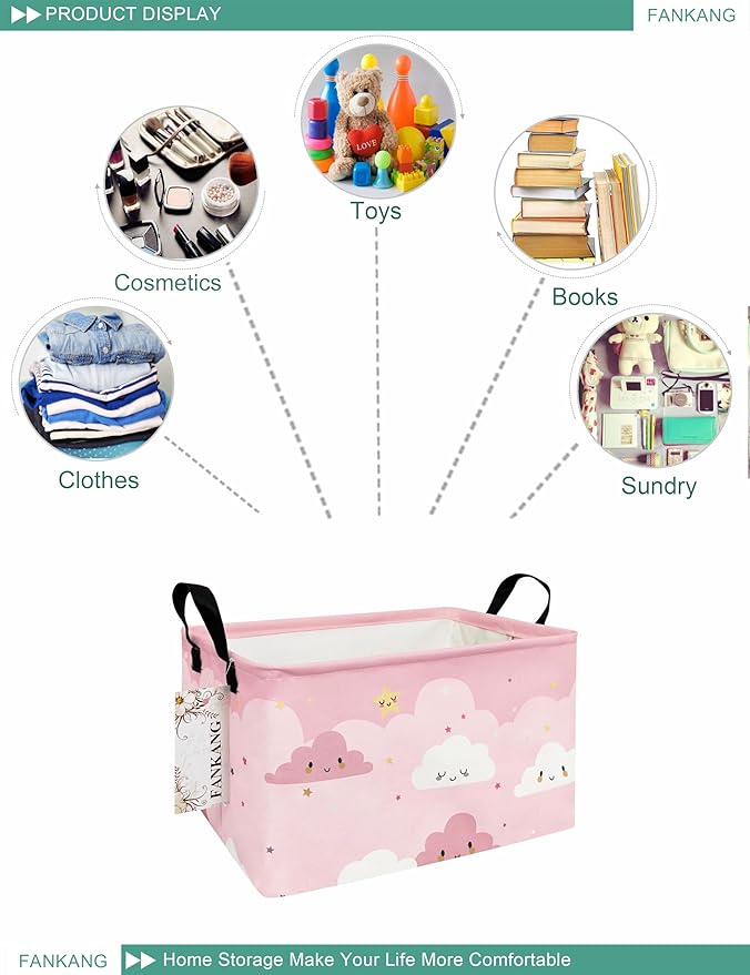 FANKANG Storage Bins, Nursery Hamper Canvas Laundry Basket Foldable with Waterproof PE Coating Large Storage Baskets for Kids Boys and Girls, Office, Bedroom, Clothes,Toys(Rec-pink cloud ）