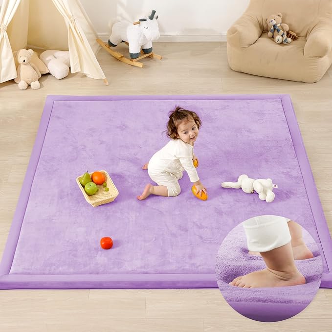 1.3" Thick Baby Play Mat for Floor, 79x79 Large Foam Tummy Time Mat, Padded Support Soft Plush Nursery Rug for Infant Kids Toddler Crawling Kick Activity (Lavender)
