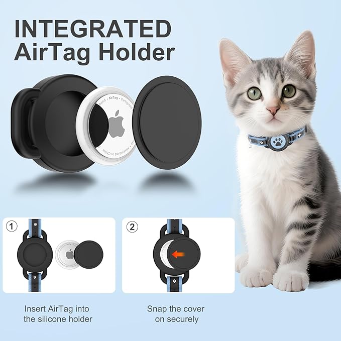 Airtag Cat Collar Breakaway, Reflective Cat Collar with AirTag Holder and Bell, Compatible with Apple Air Tag, Comfortable Padding, Adjustable, Durable (Blue, XS)