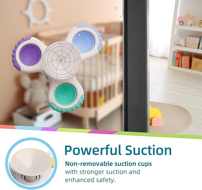 LiKee Strong Suction Cup Fidget Rotating Sensory Bath Toys for Baby 12 18 Months Airplane Car Travel Table & Window Toys for 1 2 Years Old Toddler Boys and Girls (Space-1)