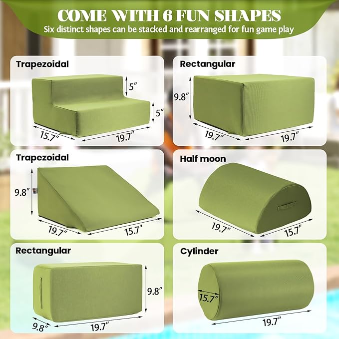 jela Foam Blocks 6Pcs Soft Play Equipment Waterproof Fabric, UV Resistant Toddler Climbing Toys Indoor& Outdoor Soft Play Climbing for Toddlers, Lightweight Climbing Blocks for Babies, Kids (Green)