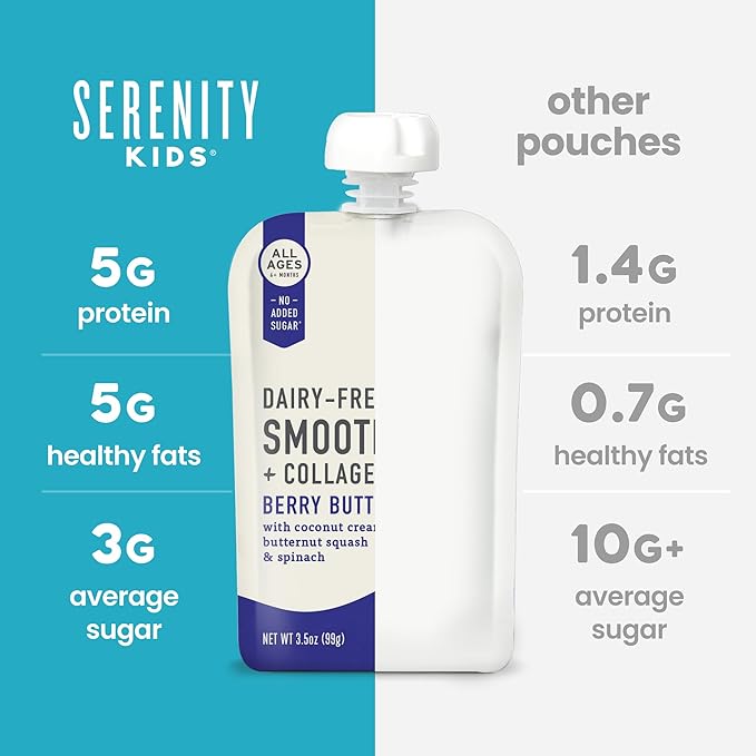 Serenity Kids 6+ Months Dairy Free Smoothie Baby Food - USDA Organic - Grass Fed Collagen Protein - 3.5 Ounce BPA-Free Pouch - Berry Butternut Protein Smoothie Baby Pouches - 6 Count