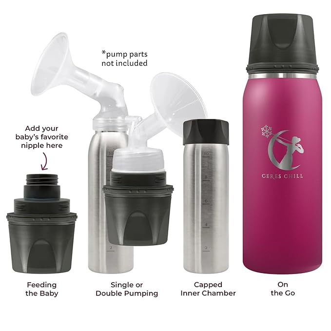 CERES CHILL OG Breastmilk Chiller, Reusable Storage Container, Up to 34 oz. - Bottle Cooler Keeps Milk at Safe Temperatures for Up to 20 Hours, Connects w/Most Pumps (Plum)