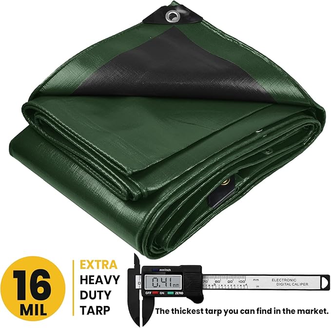 PROTARP Extra Heavy Duty 16 Mil Tarp Cover, Waterproof, UV Resistant, Rip and Tear Proof, Poly Tarpaulin with Reinforced Edges for Roof, Camping, Patio, Pool, Boat. (Green/Black 12′ X 25′)