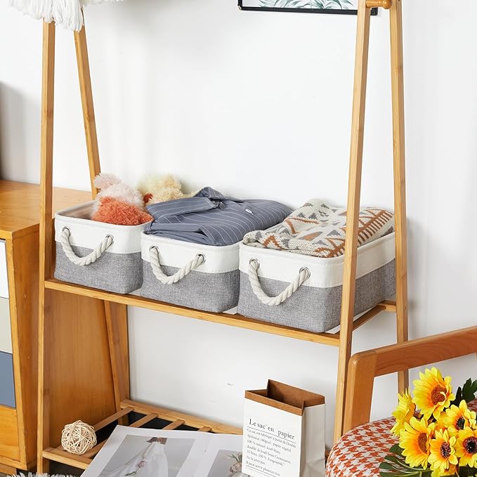 Bidtakay Small Baskets Fabric Storage Baskets for Organizing 3-Pack 12x8x5 Inch Collapsible Storage Bins for Shelves Canvas Bins for Closet Organization Home Baskets Storage Linen Closet S-White&Grey