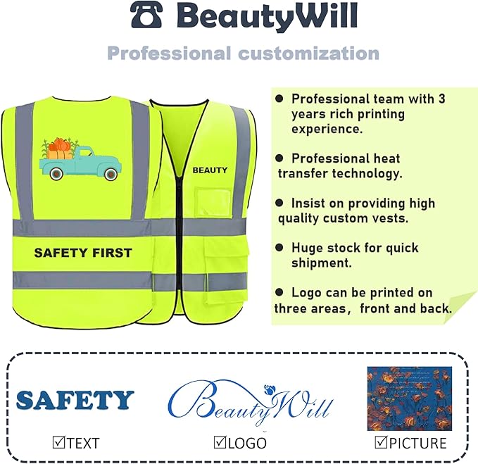 BeautyWill Safety Vest 5 Pack Customize Logo Class 2 High Visibility Reflective Vest with 5 Pockets Construction Security Work Vest ANSI/ISEA Standards（Yellow，XXL）