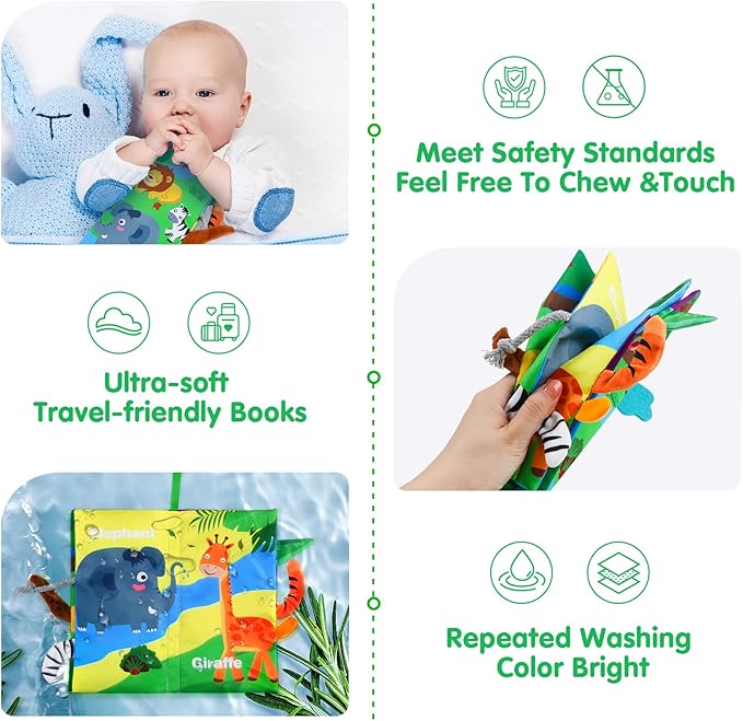 Baby Soft Cloth Crinkle Books Early Education Interactive Stroller Car Seat Sensory Toys with Tails Newborn Development Gifts for 0-6 Months Infants Toddler Baby Boys Girls(Jungle & Farm)