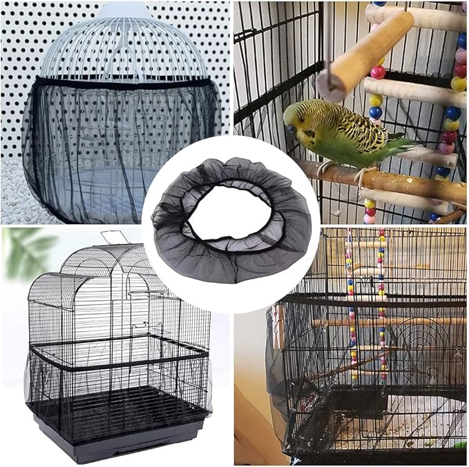 Universal Bird Cage Seed Catcher, Elasticity Airy Gauze Guard Net Cover, Soft Parrot Mesh Skirt Cover, for Round Square Cages (Black, L)