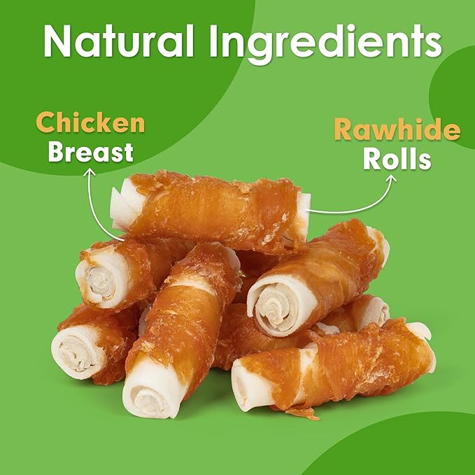 MON2SUN Dog Treats, 2.5 Inch Chicken Wrapped Rawhide Rolls, Teeth Cleaning Chews with High Protein for Small Dogs, 10.6 oz (16 Count - Pack of 1)