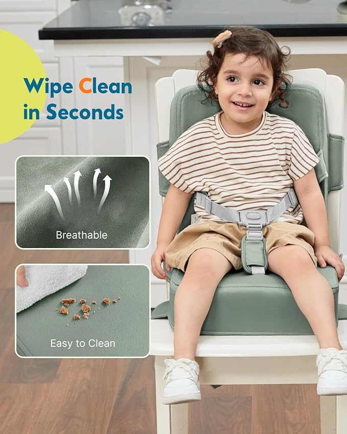 HOMEAL Toddler Booster Seat for Dining Table - Booster Seat for Kitchen Chair with Easy-Install Straps - Wipeable Surface & Removable Cover Easy to Clean -Breathable Fabric - Sage