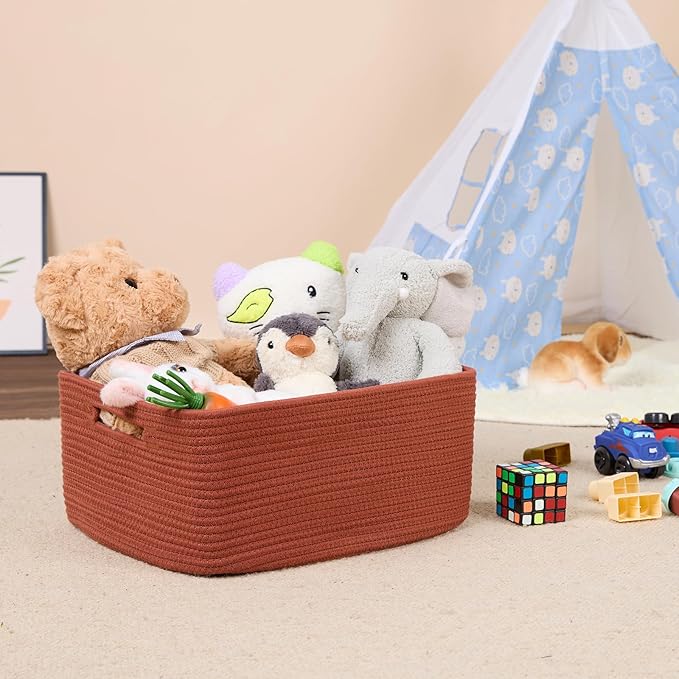 Large Storage Baskets for Shelves, Closet Organizers Bins for Clothes Blanket Towels, Baby Nursery, Toy Baskets Box, Woven Rope Baskets, 17 x 13 x 7.5”, 3 Packs Oxide Red