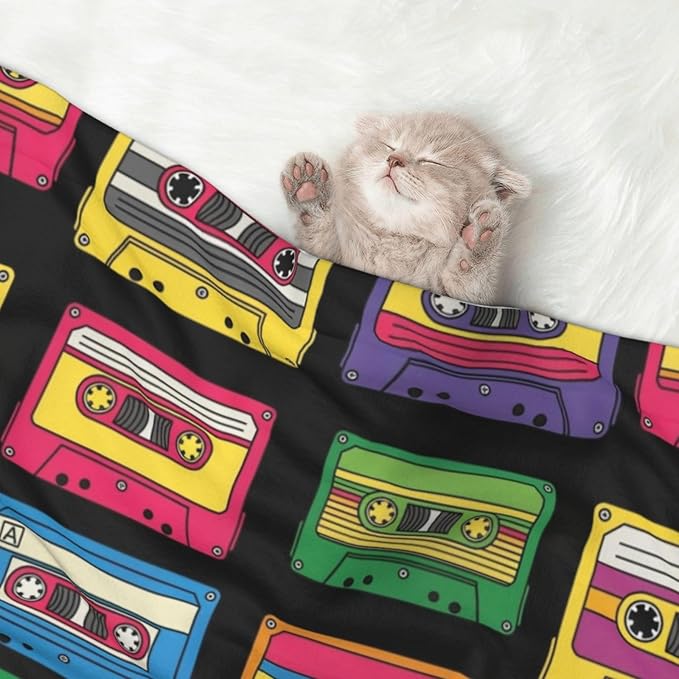 Reversible Dog Blanket for Beds Couches, Colorful Retro Cassette Pattern, Double Sided Cat Blanket with Textured Dot Feel and Smooth Feel for Seasonal Comfort All Year