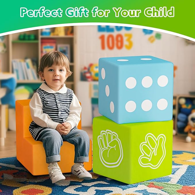 UMOMO 6 PCS Foam Climbing Blocks for Toddlers, Dice & Rock-Paper-Scissors Game Modes, Colorful Modular Play Set for Kids - Safe Indoor Activity Toy for Preschool Playroom (Green-Blue)