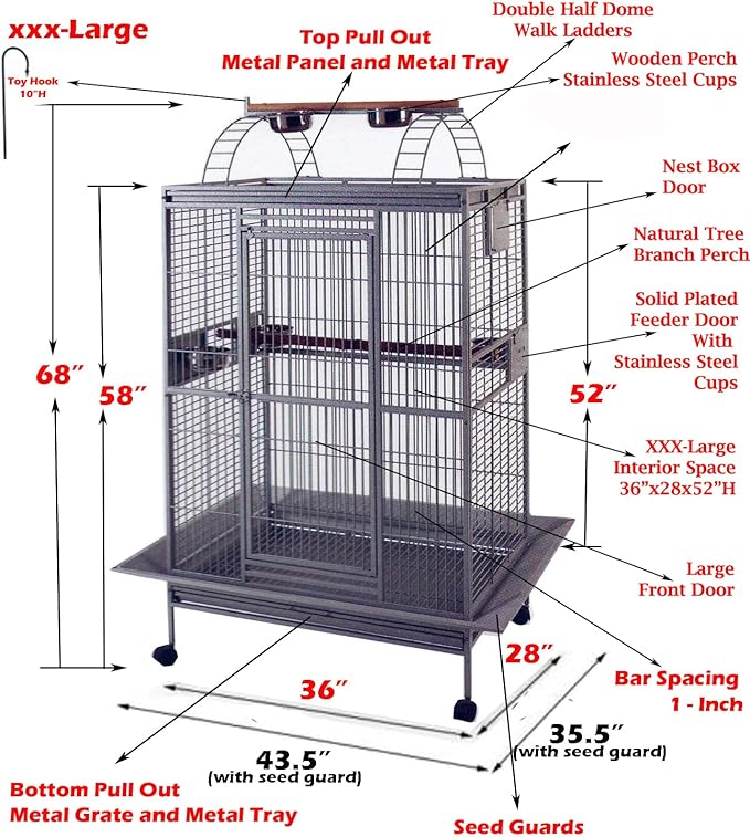 XX-Large Double Ladders Open Play Top Wrought Iron Bird Parrot Parakeet Finch Macaw Cockatoo Cage, Include Seed Guard and Toy Hook 43.5''L x 35.5''W x 68''H