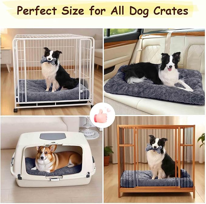 Washable Dog Bed for Small to Large Dogs, Calming Anti Anxiety Medium Dog Bed, Deluxe Plush Faux Fur Crate Beds, Comfy Fluffy Kennel Pad Pet Mat with Non-Slip Bottom, 41"x27", Dark Grey