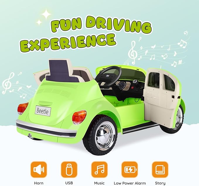 12V Kids Electric Car, Power Wheels with Remote Control, Ride on Car Toys with LED Light, 3 Speeds, Music, Green