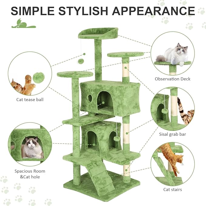 70 Inch Green Cat Tree, Tall Cat Tower with 2 Condos, 3 Scratching Posts, Multi-Level Platforms - Sturdy Climbing Structure Tall Cat Tower for Indoor Cats
