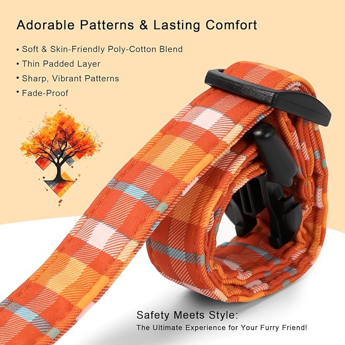 Fall Dog Collar Cute Orange Plaid Puppy Collar - Light Comfortable Adjustable Pet Collars for Small Medium Large Girl Boy Dogs M