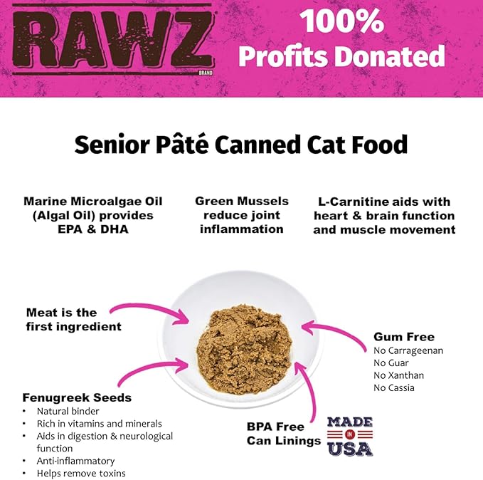Rawz Natural Premium Pate Canned Cat Wet Food - Made with Real Meat Ingredients No BPA or Gums - 5.5oz Cans 24 Count (Turkey & Green Mussels for Seniors)
