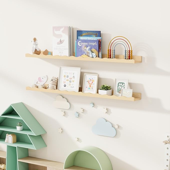 Fun Memories Picture Ledge Shelf for Wall, 48 inch Pine Wood Nursery Book Shelves Set of 2- Wall Book Shelves for Kids Room, Home Decor - Kitchen Spice-Natural
