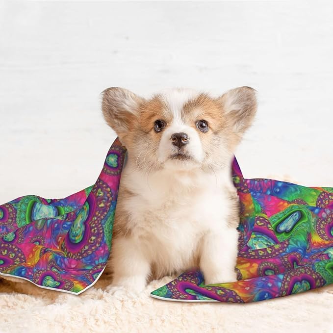 Dog and Cat Blanket in One, Tie Dye Psychedelic Purple Love Heart, Double Sided Plush Throw with Raised Dot Pattern on One Side and Flat Velvet on Other for Variety