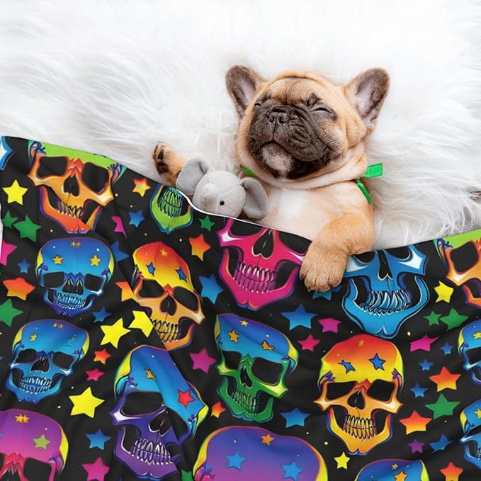 Pet Blanket for Travel and Home, Colorful Stars Neon Skulls, Reversible Plush Dot Design with Soft Grip Texture on One Side Perfect for Car Seats Moving Vehicles