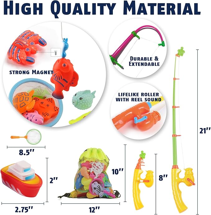 CozyBomB™ Magnetic Fishing Toys Game Set for Kids | Water Table Bathtub Kiddie Pool Party & Pole Rod Net, Plastic Floating Fish Toddler Color Ocean Sea Animals Birthday Age 3 4 5 6 Year