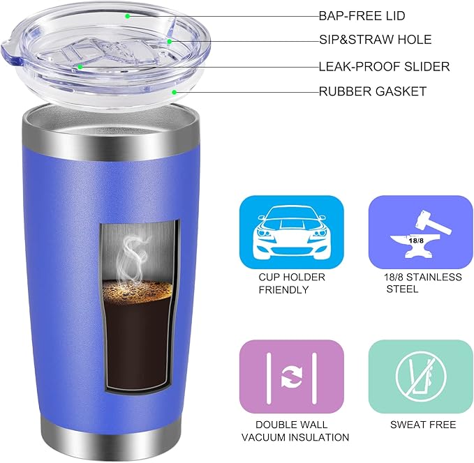 VEGOND 20oz Tumbler with Lid and Straw Stainless Steel Tumbler Cup Vacuum Insulated Double Wall Travel Coffee Mug Powder Coated Coffee Cup (Bluish Violet 1 Pack)