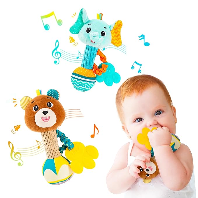 Baby rattles 0-6 months, Set of 2 rattles for babies 0-6 months, Soft Stuffed Animal Rattle Hand Grip Baby Toys, baby rattle Shaker Crinkle Squeaky Sensory Travel Accessories for 0 3 6 9 12 Months old