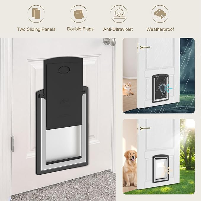 MAVRICFLEX Dog Door for Door - All-Stainless Steel Frame, Weather-Resistant Double Soft Flaps, 2 Sliding ABS Panels for Indoor/Outdoor Use, Fits Dogs Up to 40 LBS, Easy Install, Black