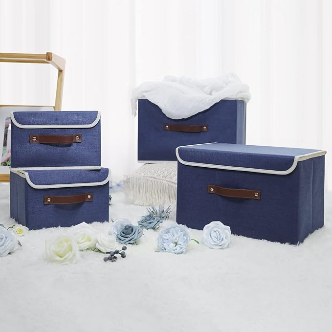 ANMINY 2PCS Storage Bins with Lid PU Leather Handles Storage Boxes PP Plastic Board Decorative Foldable Lidded Cotton Linen Fabric Home Cubes Baskets Closet Organizer Containers - Blue, Small Size