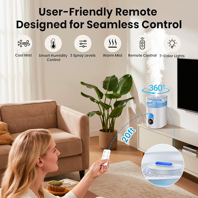 Humidifiers for Bedroom Large Room Home - GloryAir 6L Quiet Top Fill Cool & Warm Mist Humidifier with Smart Humidity Control, Remote Control, 7-Color Light, Humidistat, Oil Diffuser for Plants & Baby