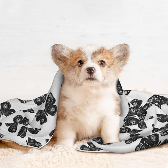 Reversible Plush Throw for Dogs and Cats, Butterflies Black and White, Double Sided Blanket with Nubby Dot Side and Sleek Side Ideal for Cuddling Nesting Security