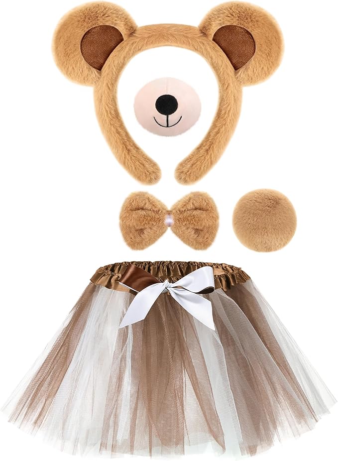 Zhanmai 5 Pcs Carnival Animal Costume Kid Bear Puppy Dog Pup Kangaroo with Tutu Ear Headband Bowtie Tail Paws for Boys Girls