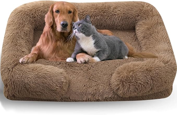 Dog Beds Medium Large Size Dog, Calming Dog Bed with Removable Washable Cover, Waterproof Lining and Nonskid Bottom(Khaki,M)