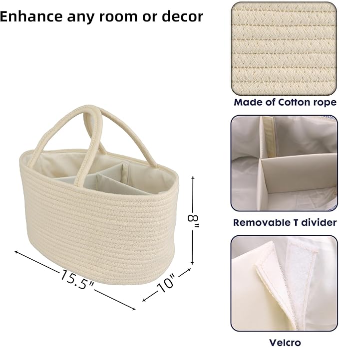 Diaper Caddy Organizer Cotton Rope Baby Basket Nursery Storage and Portable Tote Bag for Car Ideal Baby Shower Gifts and Registry Must-Have for Newborn Essentials Large beige