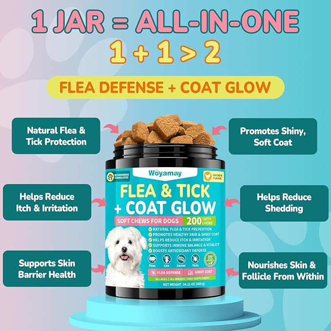 Flea + Coat Glow Soft Chews, Natural Flea and Tick Prevention for Dogs, Dog Flea and Tick Treatment Chewable, Reduces Itch & Shedding with Fish Oil & Neem, Chicken Flavor