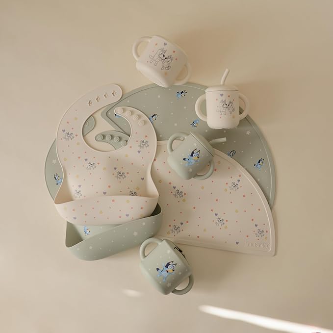 mushie x Bluey Silicone Baby Bib | Adjustable Fit Waterproof Bibs (Bluey Sage)
