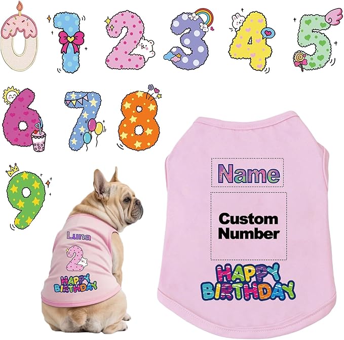 Custom Dog Birthday Shirt,Personalized Pet Apparel Print with Name Age Number,Pet Birthday Outfit,Lightweight Breathable Cotton Vest for Small Medium Large Dogs Cat (Pink, Medium)