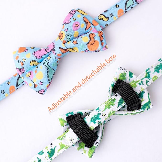 Faygarsle 2 Pack Cat Collar with Bell Breakaway Bowtie for Male Female Cats Soft Fancy Blue Green Dinosaurs Pattern Spring Summer Cat Collar for Boy Girl Cats